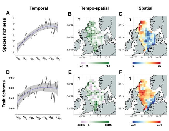 Temporal and spatial differences between taxonomic and trait biodiversity in a large marine ecosystem